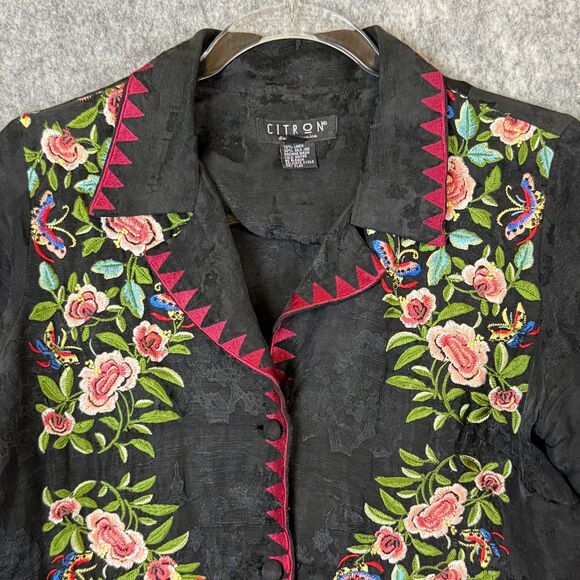 Citron Santa Monica Linen Silk Button Jacket Asian Brocade Floral Embroidered XS - Picture 2 of 12